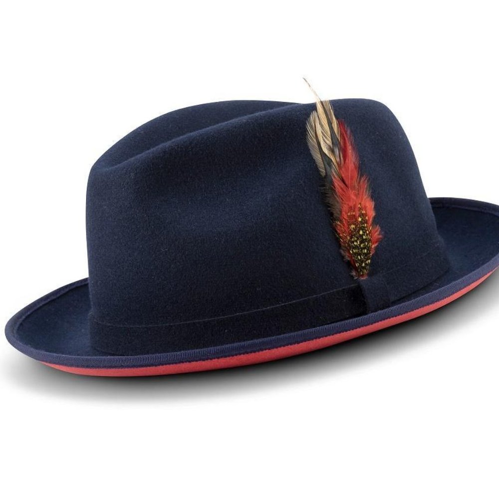 Montique Navy Felt Band 2 ¼" Brim Red Bottom Wool Felt Hat                 H-74